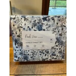NEW Park View‎ Collection Blue Black Rose Floral Print King Size Bed Sheet Set